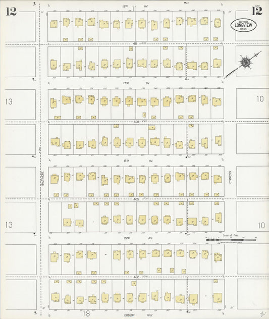 Sanborn Fire Insurance Map from Longview, Cowlitz County, Washington (1924), Sheet #0012 - Historic Sanborn Fire Insurance Map Print, vintage old map wall art, antique decor, genealogy gift, Washington Washington map