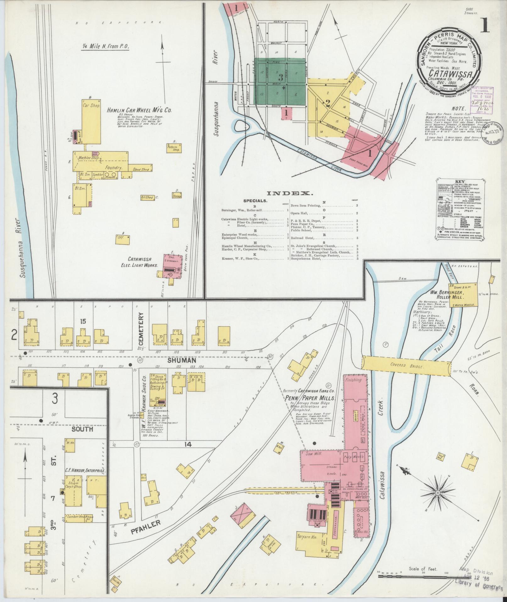 Sanborn Fire Insurance Map from Catawissa, Columbia County, Pennsylvania (1901), Sheet #0001 - Historic Sanborn Fire Insurance Map Print, vintage old map wall art, antique decor, genealogy gift, Pennsylvania Pennsylvania map