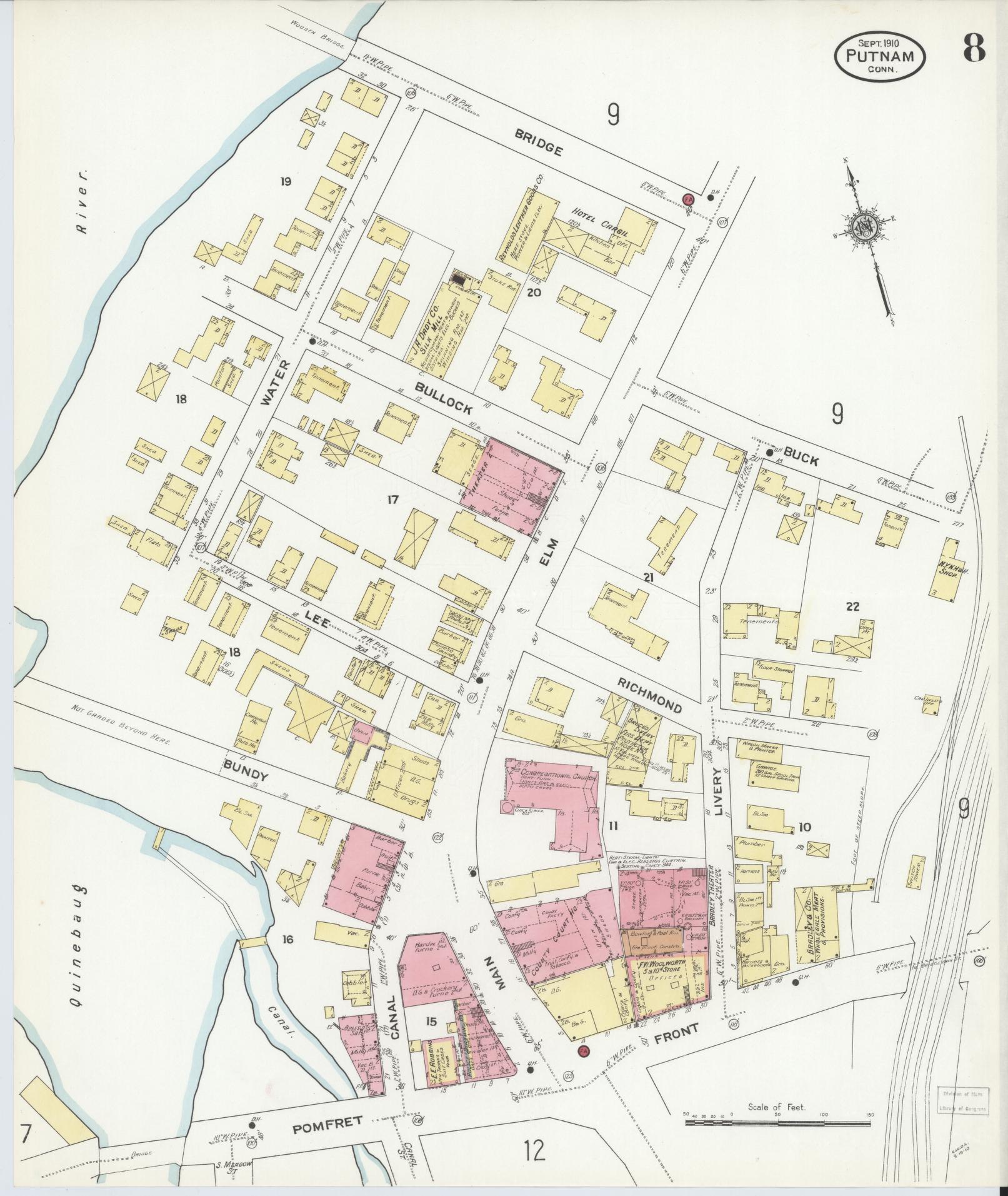 Sanborn Fire Insurance Map from Putnam, Windham County, Connecticut (1910), Sheet #0008 - Complete Map Set gallery image, historic Sanborn map, vintage wall art, Connecticut Connecticut