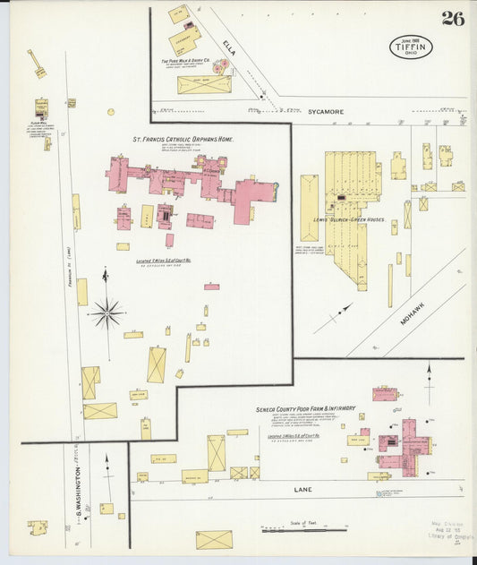 Sanborn Fire Insurance Map from Tiffin, Seneca County, Ohio (1908), Sheet #0026 - Historic Sanborn Fire Insurance Map Print, vintage old map wall art, antique decor, genealogy gift, Ohio Ohio map