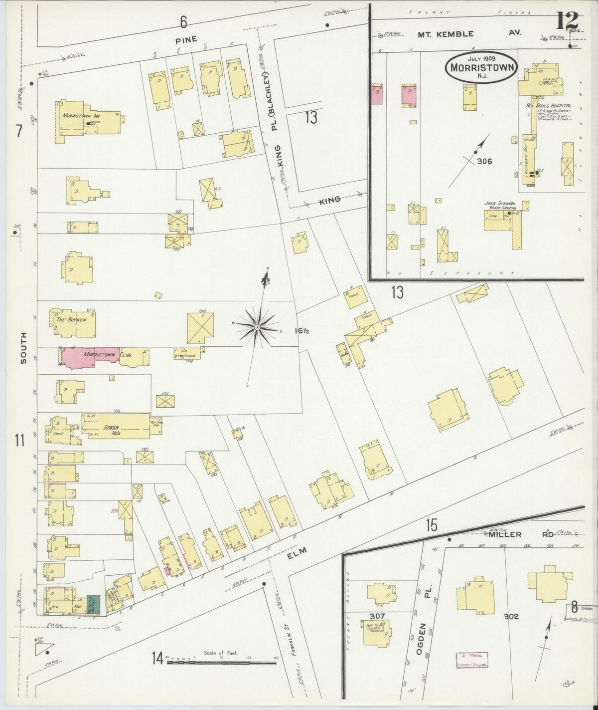 Sanborn Fire Insurance Map from Morristown, Morris County, New Jersey (1909), Sheet #0012 - Historic Sanborn Fire Insurance Map Print, vintage old map wall art, antique decor, genealogy gift, New Jersey New Jersey map