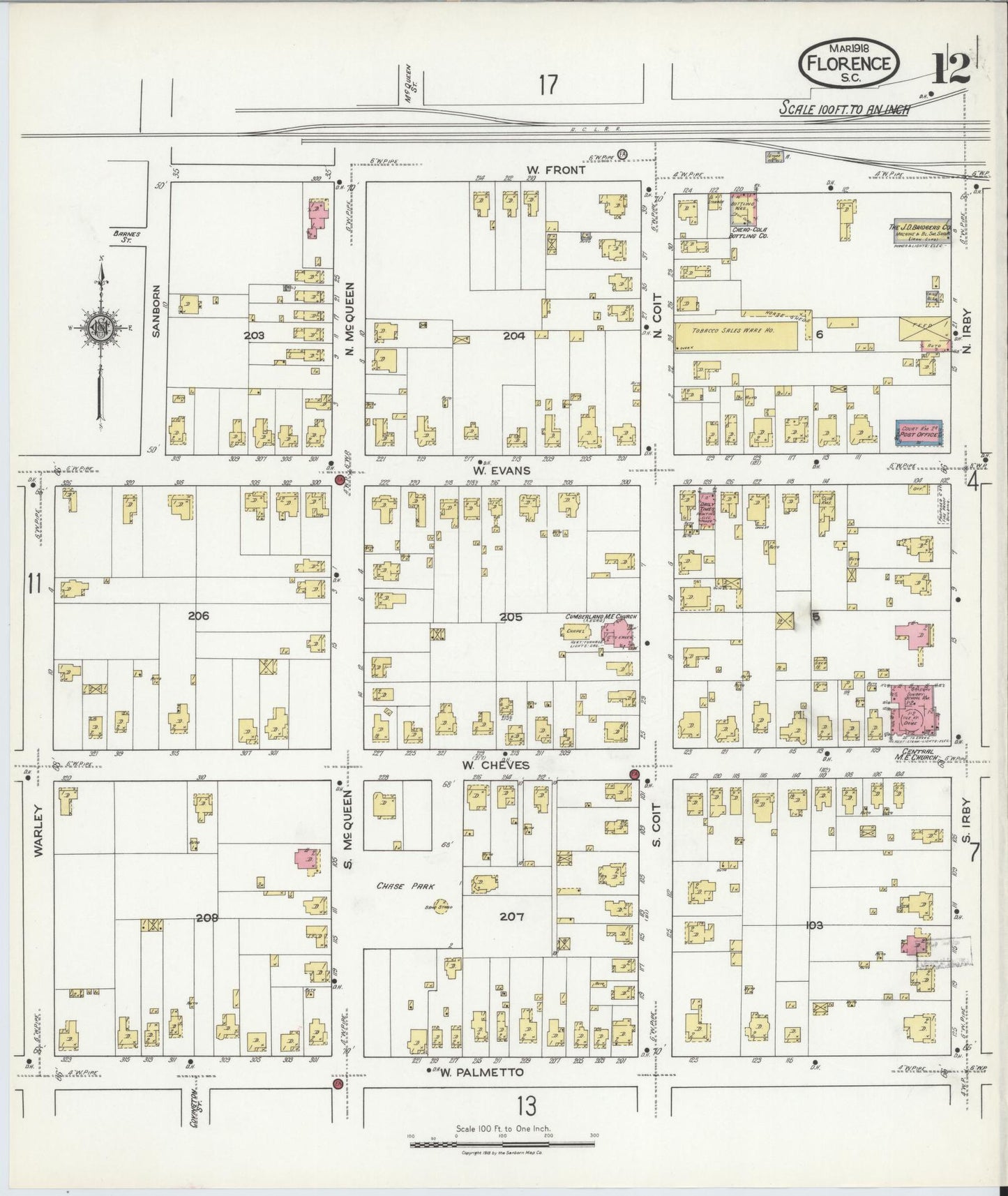 Sanborn Fire Insurance Map from Florence, Florence County, South Carolina (1918), Sheet #0012 - Complete Map Set gallery image, historic Sanborn map, vintage wall art, South Carolina South Carolina