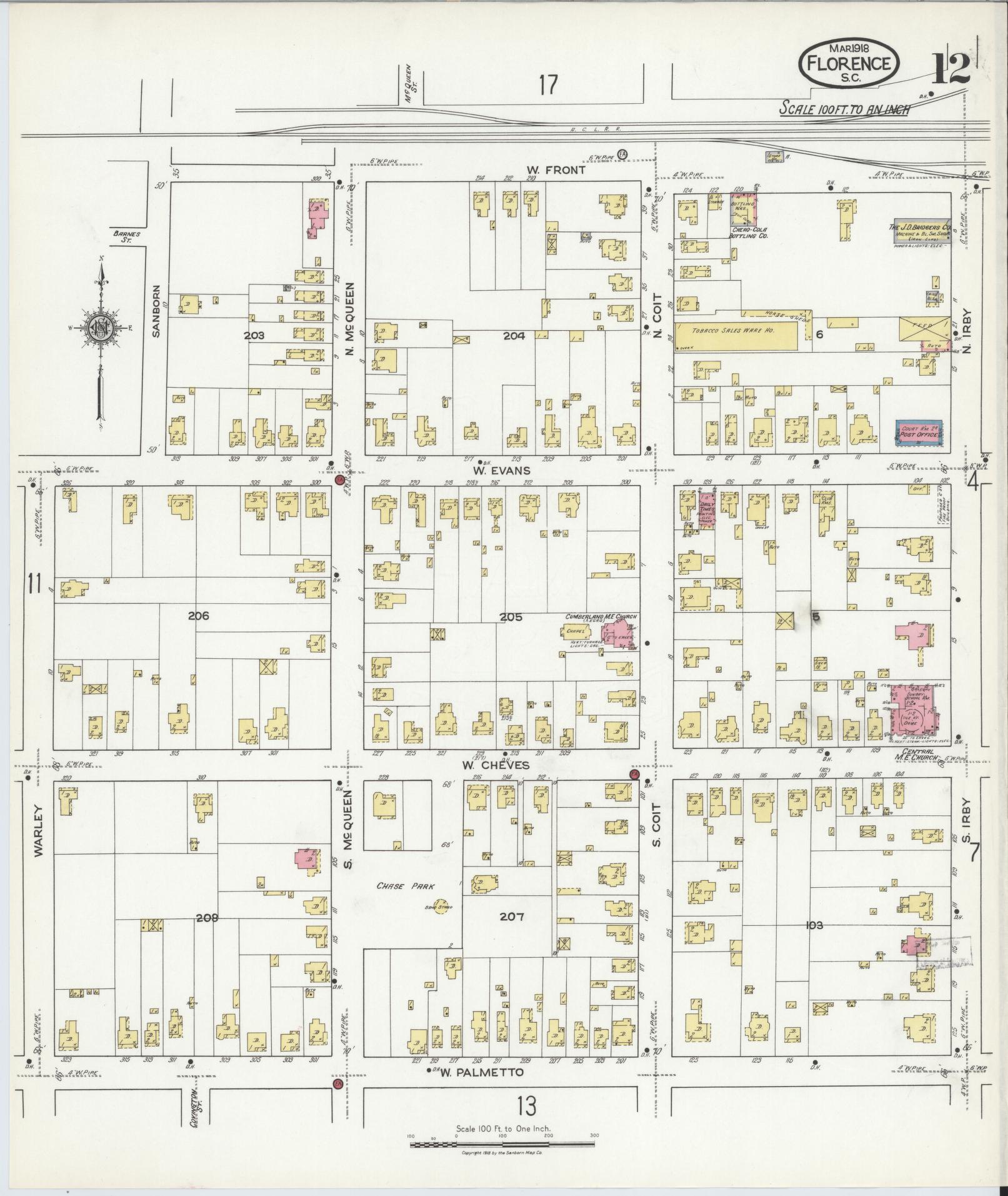 Sanborn Fire Insurance Map from Florence, Florence County, South Carolina (1918), Sheet #0012 - Complete Map Set gallery image, historic Sanborn map, vintage wall art, South Carolina South Carolina