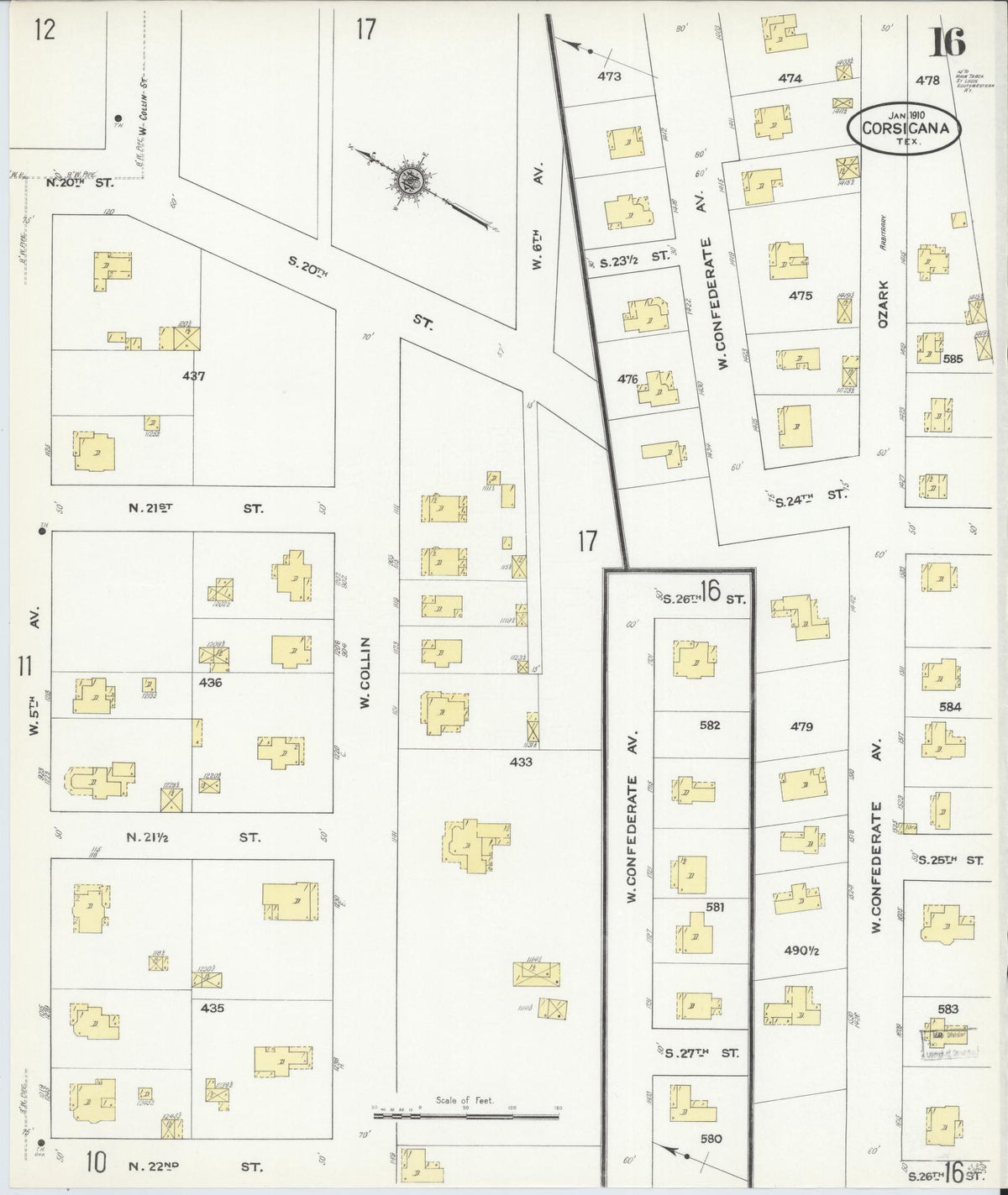 Sanborn Fire Insurance Map from Corsicana, Navarro County, Texas (1910), Sheet #0016 - Complete Map Set gallery image, historic Sanborn map, vintage wall art, Texas Texas