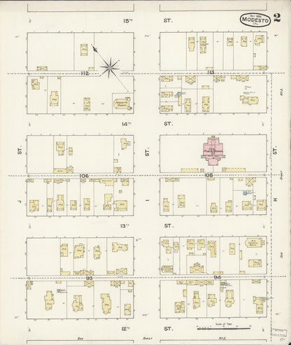 Sanborn Fire Insurance Map from Modesto, Stanislaus County, California (1888), Sheet #0002 - Historic Sanborn Fire Insurance Map Print, vintage old map wall art, antique decor, genealogy gift, California California map
