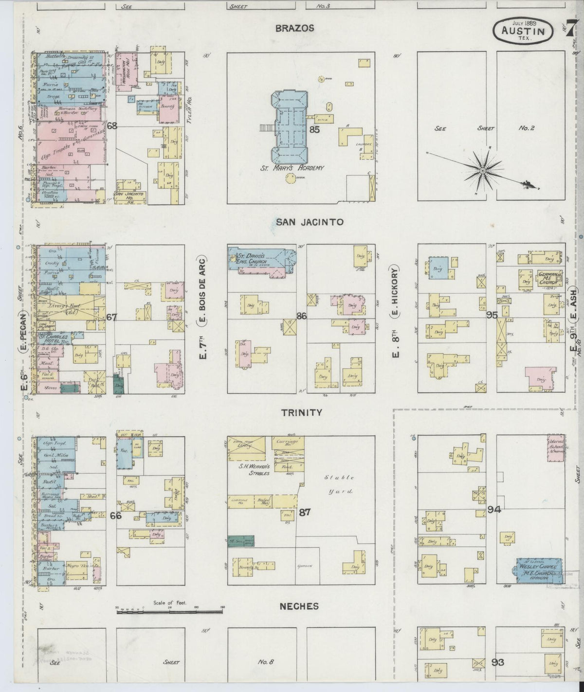 Sanborn Fire Insurance Map from Austin, Travis County, Texas (1889), Sheet #0007 - Complete Map Set gallery image, historic Sanborn map, vintage wall art, Texas Texas