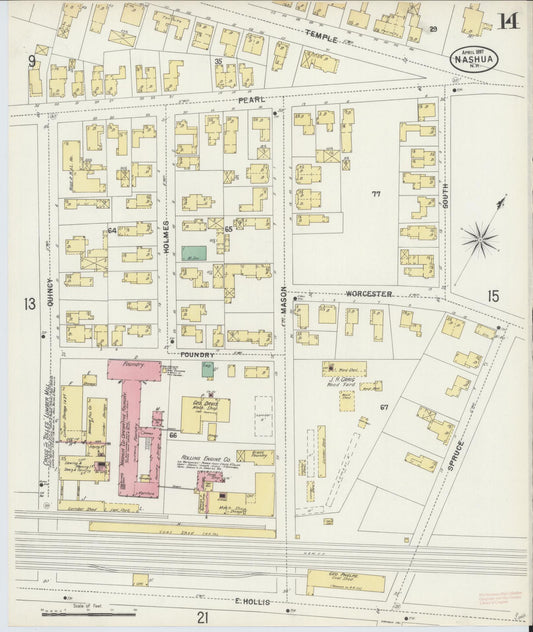 Sanborn Fire Insurance Map from Nashua, Hillsborough County, New Hampshire (1897), Sheet #0014 - Historic Sanborn Fire Insurance Map Print, vintage old map wall art, antique decor, genealogy gift, New Hampshire New Hampshire map