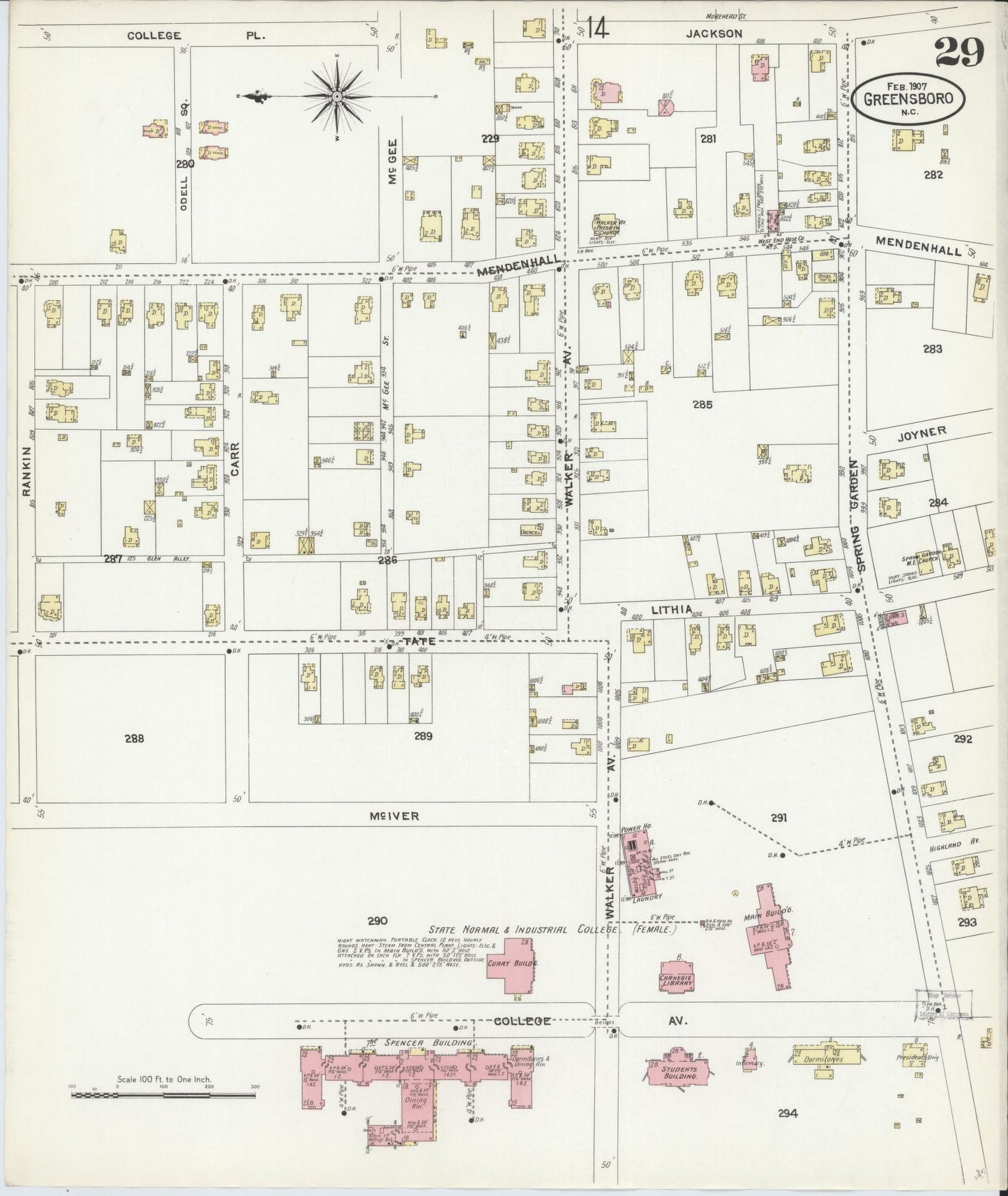 Sanborn Fire Insurance Map from Greensboro, Guilford County, North Carolina (1907), Sheet #0029 - Historic Sanborn Fire Insurance Map Print, vintage old map wall art, antique decor, genealogy gift, North Carolina North Carolina map