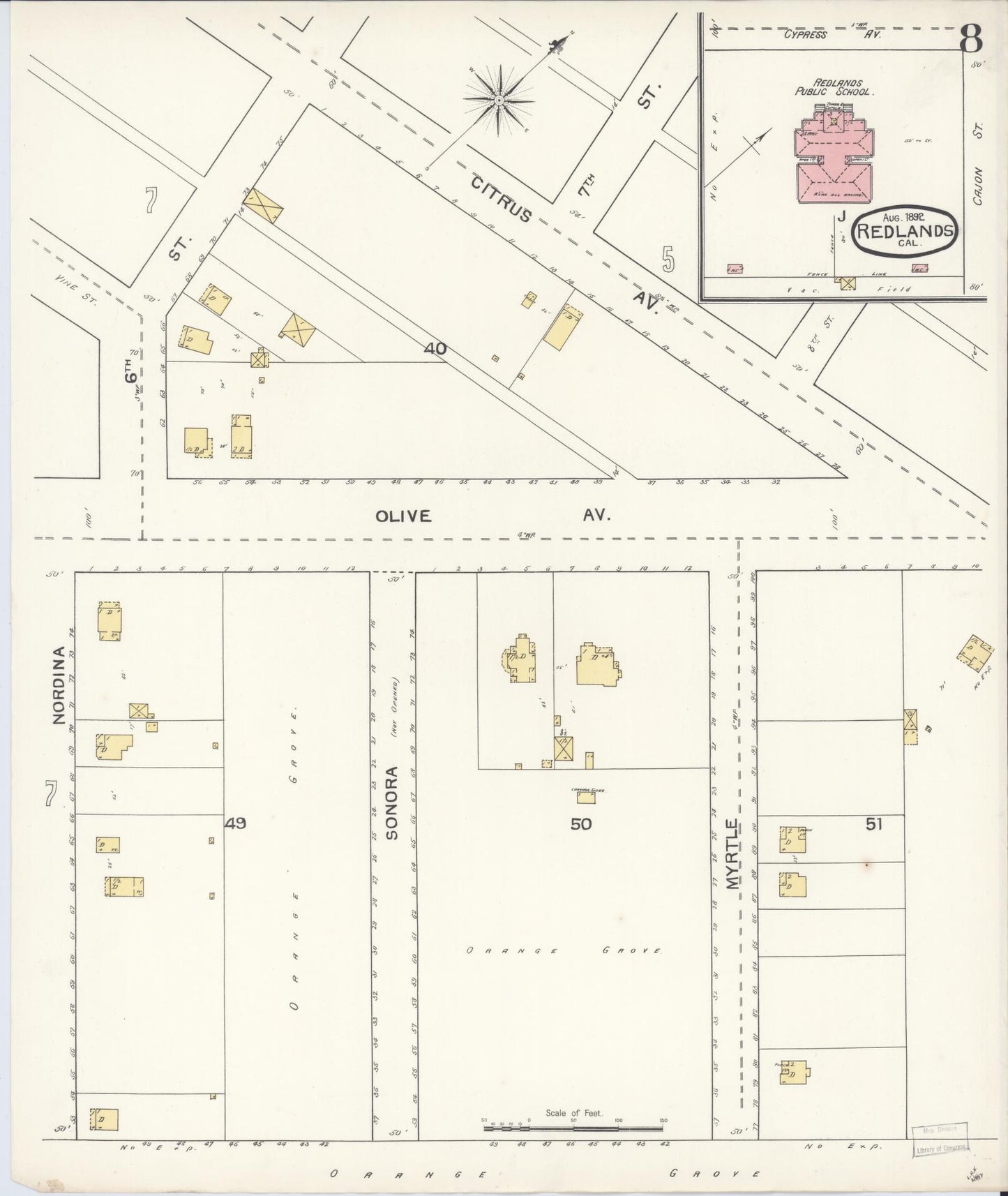 Sanborn Fire Insurance Map from Redlands, San Bernardino County, California (1892), Sheet #0008 - Complete Map Set gallery image, historic Sanborn map, vintage wall art, California California
