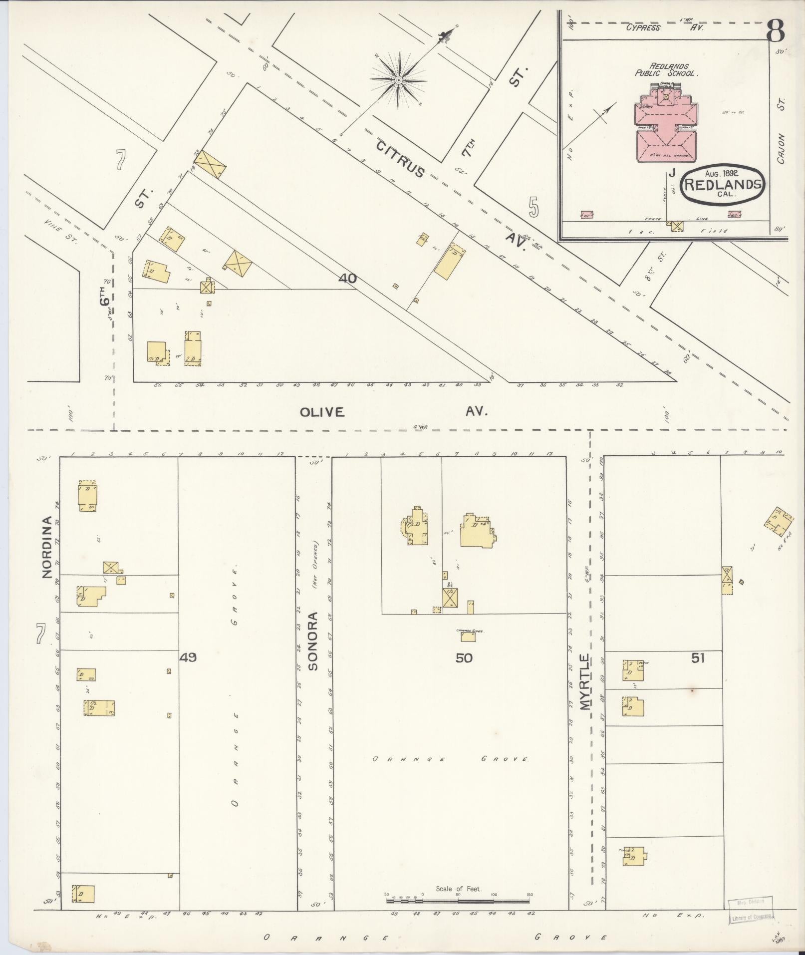 Sanborn Fire Insurance Map from Redlands, San Bernardino County, California (1892), Sheet #0008 - Complete Map Set gallery image, historic Sanborn map, vintage wall art, California California