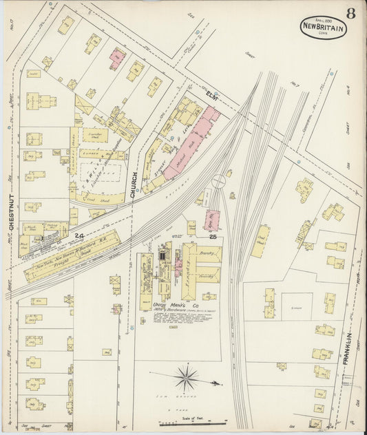 Sanborn Fire Insurance Map from New Britain, Hartford County, Connecticut (1890), Sheet #0008 - Historic Sanborn Fire Insurance Map Print, vintage old map wall art, antique decor, genealogy gift, Connecticut Connecticut map