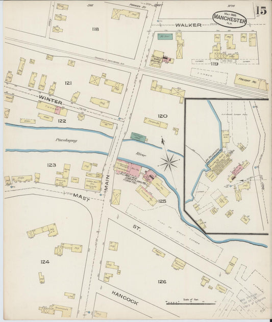 Sanborn Fire Insurance Map from Manchester, Hillsborough County, New Hampshire (1885), Sheet #0015 - Historic Sanborn Fire Insurance Map Print, vintage old map wall art, antique decor, genealogy gift, New Hampshire New Hampshire map
