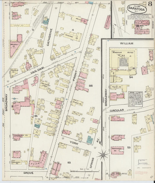 Sanborn Fire Insurance Map from Saratoga, Saratoga County, New York (1884), Sheet #0008 - Historic Sanborn Fire Insurance Map Print, vintage old map wall art, antique decor, genealogy gift, New York New York map
