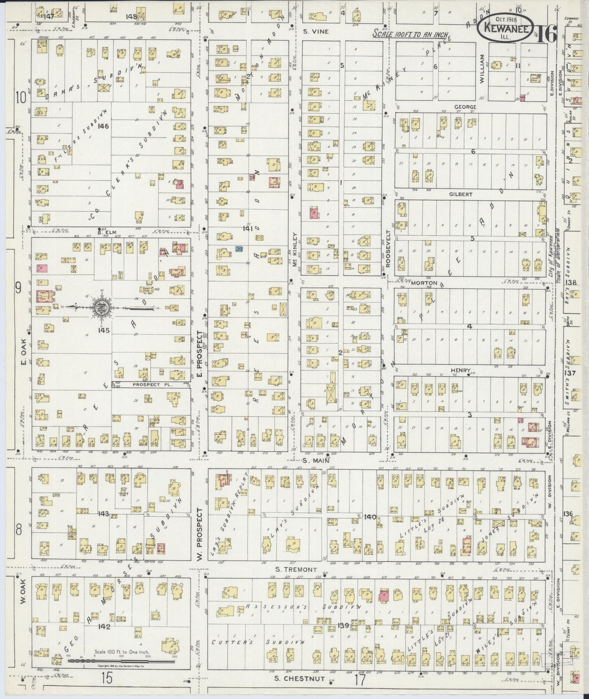Sanborn Fire Insurance Map from Kewanee, Henry County, Illinois (1918), Sheet #0016 - Historic Sanborn Fire Insurance Map Print, vintage old map wall art, antique decor, genealogy gift, Illinois Illinois map