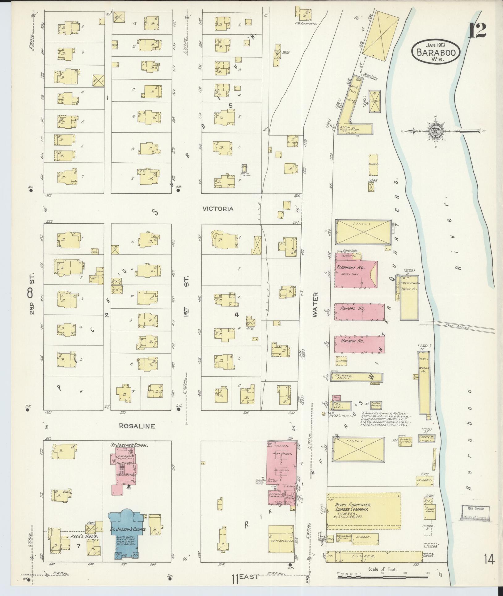 Sanborn Fire Insurance Map from Baraboo, Sauk County, Wisconsin (1913), Sheet #0012 - Historic Sanborn Fire Insurance Map Print, vintage old map wall art, antique decor, genealogy gift, Wisconsin Wisconsin map