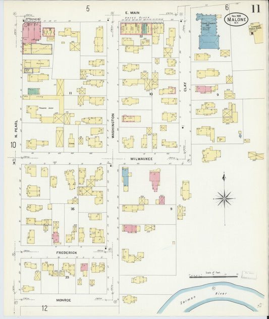 Sanborn Fire Insurance Map from Malone, Franklin County, New York (1908), Sheet #0011 - Historic Sanborn Fire Insurance Map Print, vintage old map wall art, antique decor, genealogy gift, New York New York map