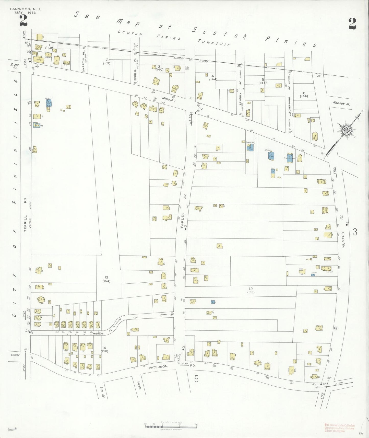 Sanborn Fire Insurance Map from Fanwood, Union County, New Jersey (1933), Sheet #0002 - Historic Sanborn Fire Insurance Map Print, vintage old map wall art, antique decor, genealogy gift, New Jersey New Jersey map