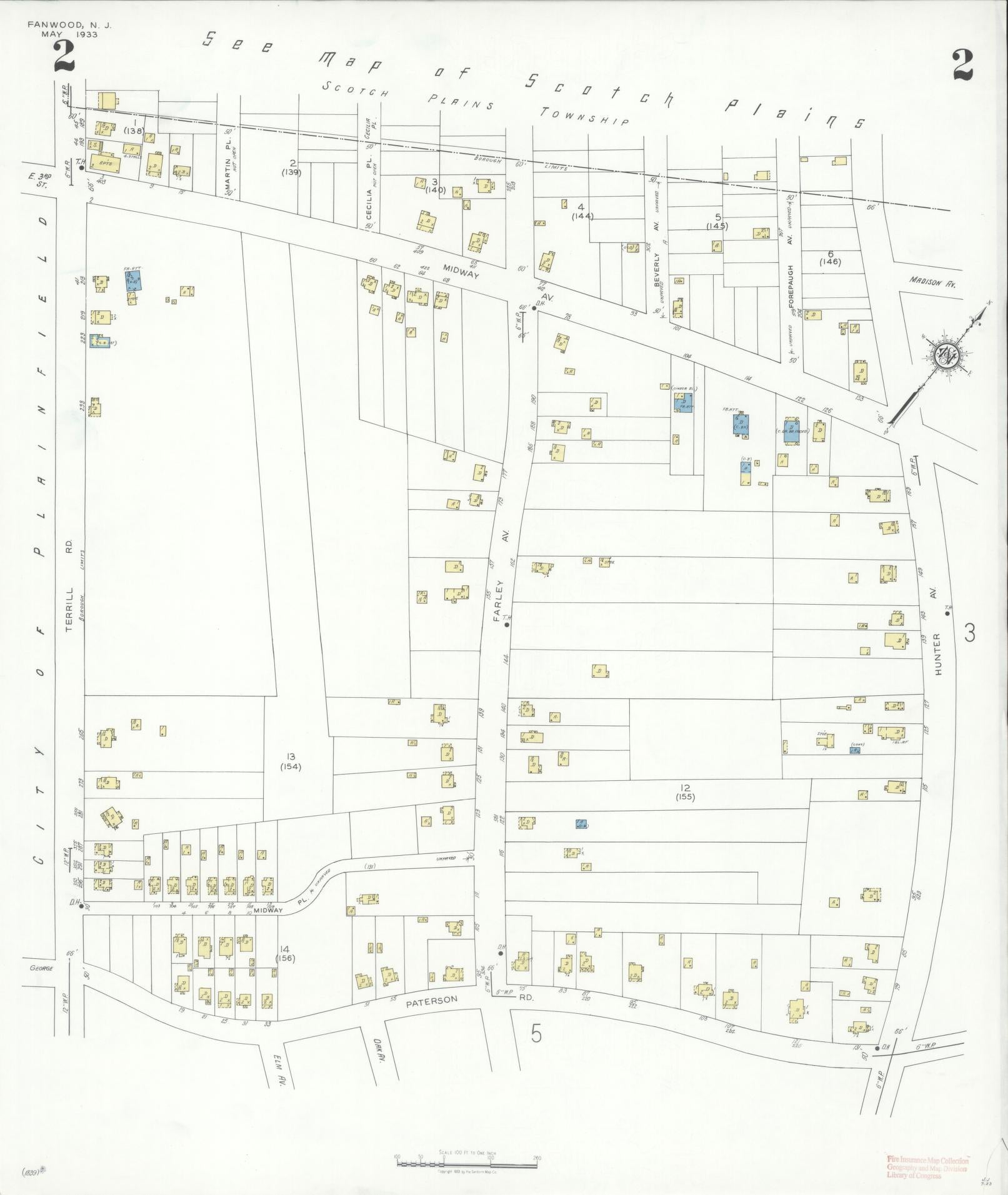 Sanborn Fire Insurance Map from Fanwood, Union County, New Jersey (1933), Sheet #0002 - Historic Sanborn Fire Insurance Map Print, vintage old map wall art, antique decor, genealogy gift, New Jersey New Jersey map