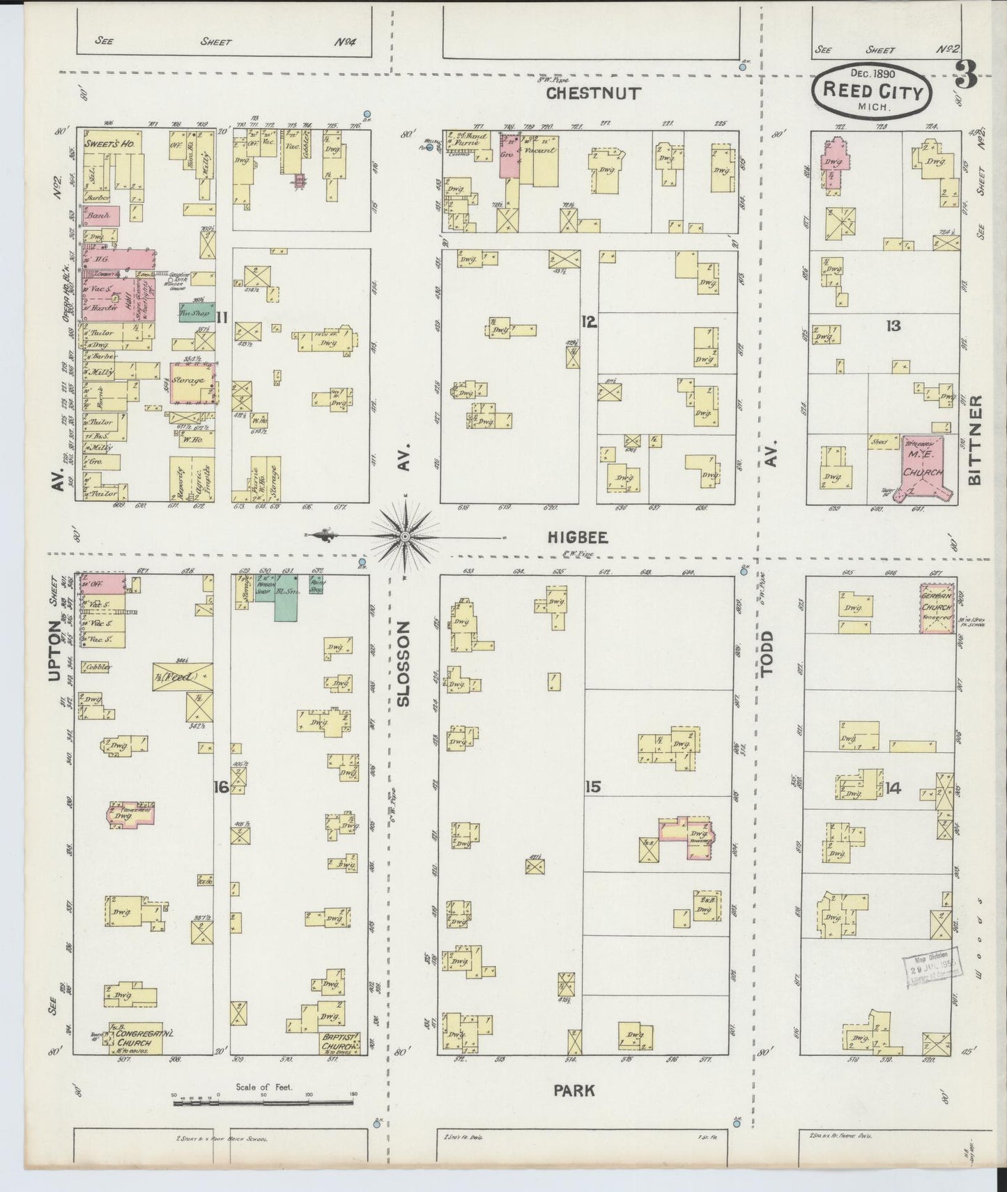 Sanborn Fire Insurance Map from Reed City, Osceola County, Michigan (1890), Sheet #0003 - Complete Map Set gallery image, historic Sanborn map, vintage wall art, Michigan Michigan