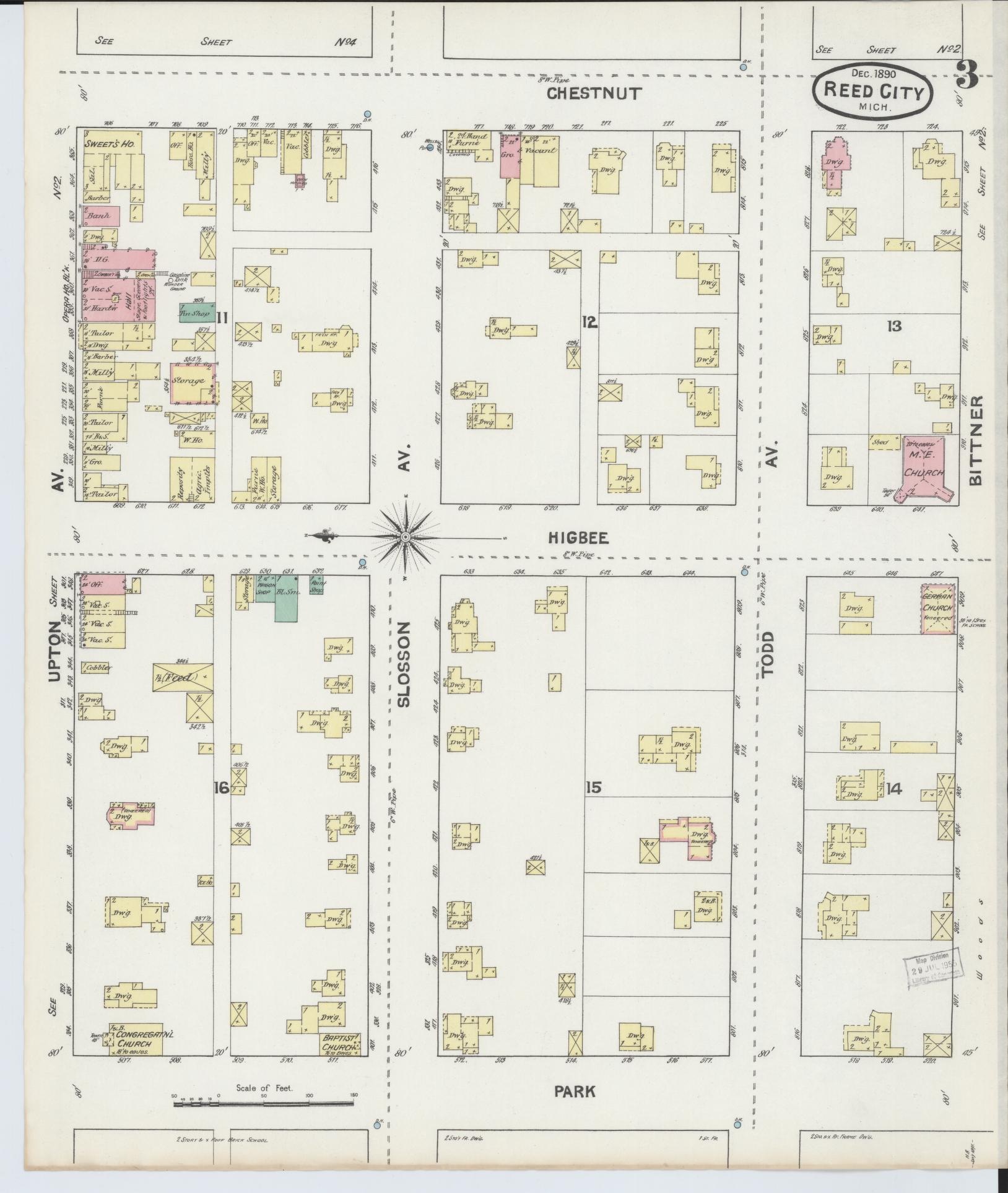 Sanborn Fire Insurance Map from Reed City, Osceola County, Michigan (1890), Sheet #0003 - Complete Map Set gallery image, historic Sanborn map, vintage wall art, Michigan Michigan