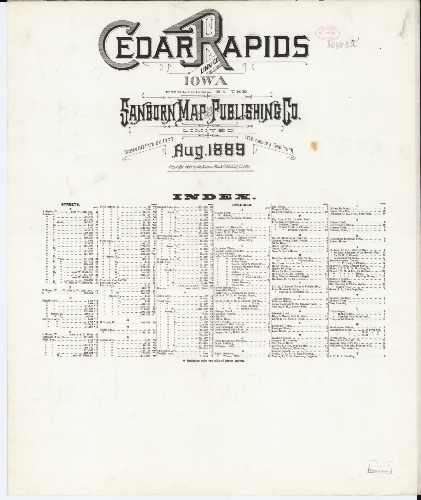 Sanborn Fire Insurance Map from Cedar Rapids, Linn County, Iowa (1889), Sheet #0001 - Historic Sanborn Fire Insurance Map Print, vintage old map wall art