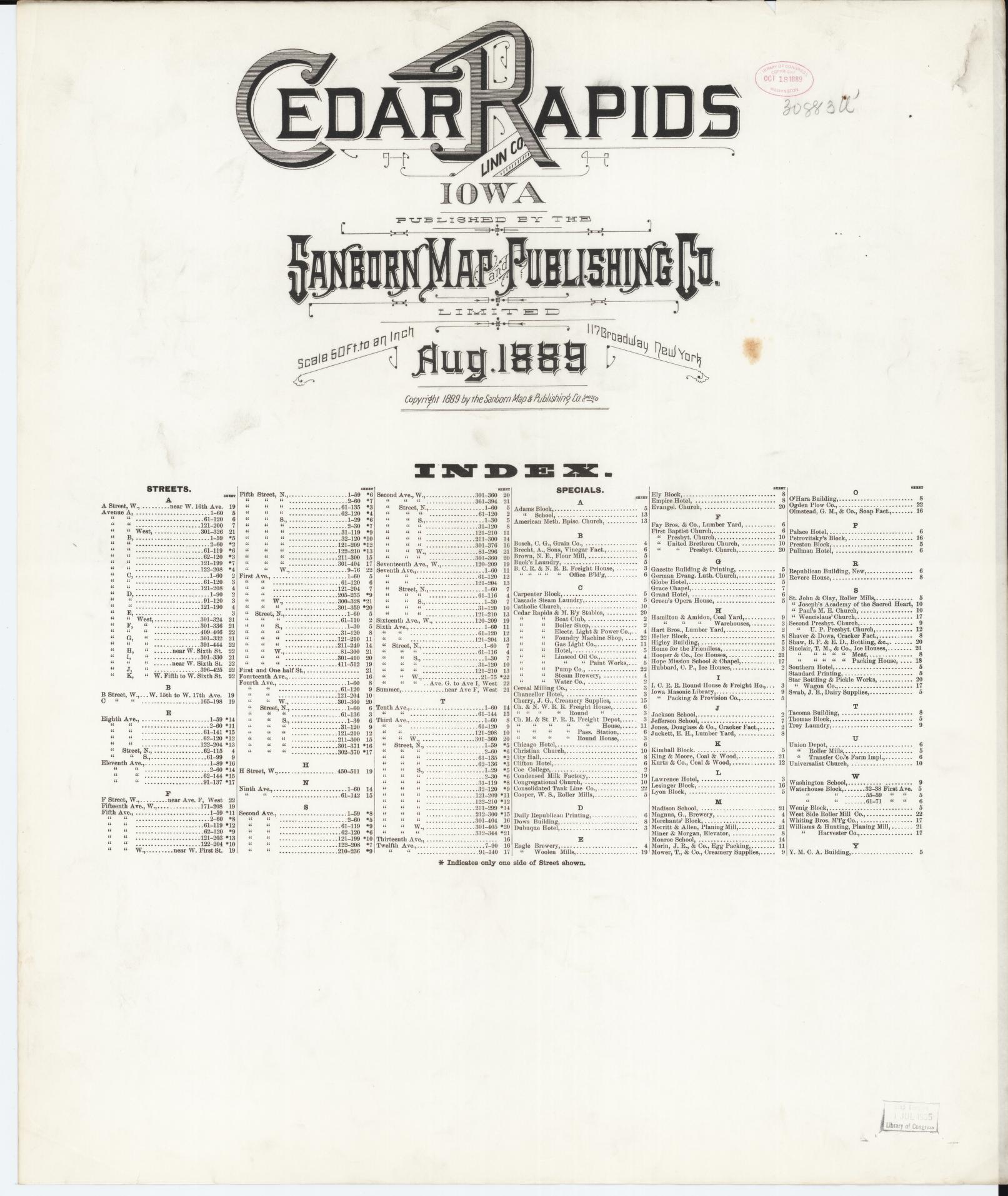 Sanborn Fire Insurance Map from Cedar Rapids, Linn County, Iowa (1889), Sheet #0001 - Historic Sanborn Fire Insurance Map Print, vintage old map wall art