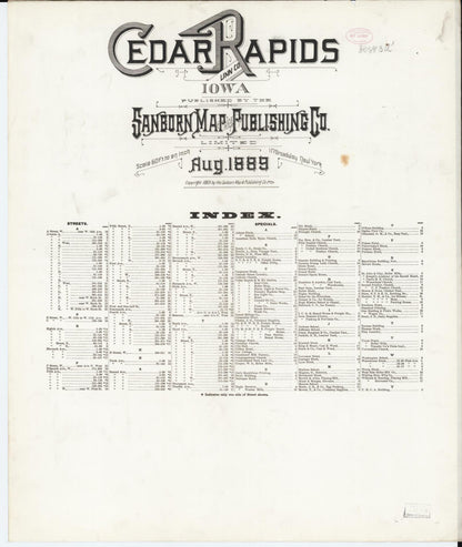 Sanborn Fire Insurance Map from Cedar Rapids, Linn County, Iowa (1889), Sheet #0001 - Historic Sanborn Fire Insurance Map Print, vintage old map wall art