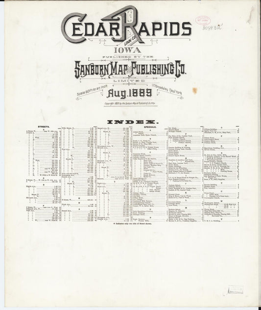 Sanborn Fire Insurance Map from Cedar Rapids, Linn County, Iowa (1889), Sheet #0001 - Historic Sanborn Fire Insurance Map Print, vintage old map wall art