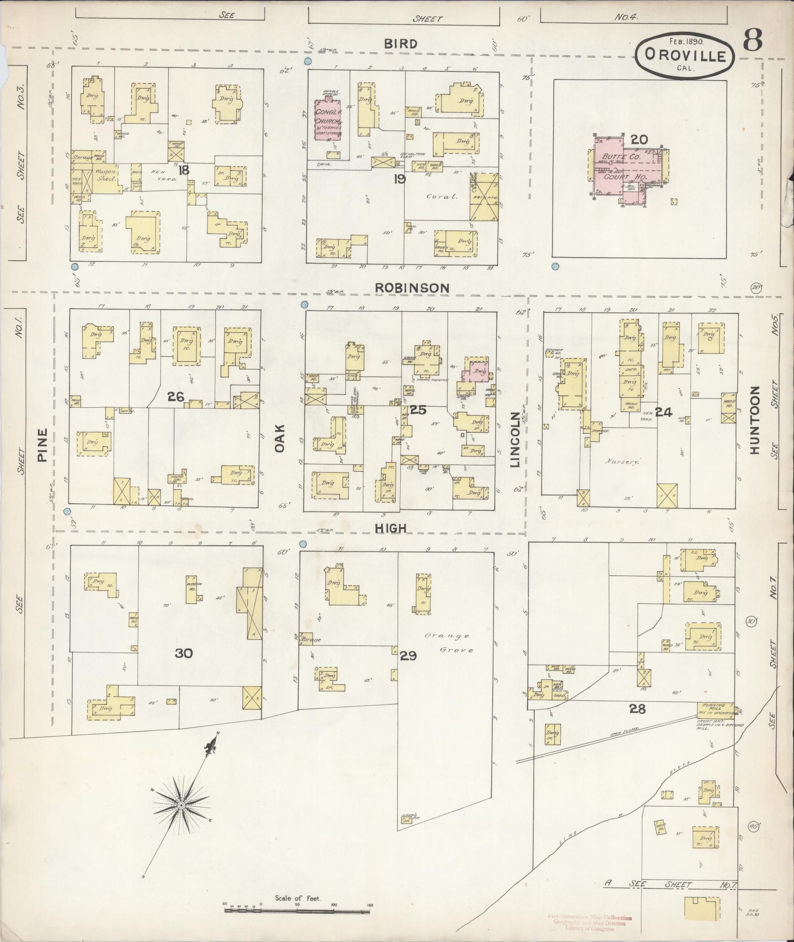 Sanborn Fire Insurance Map from Oroville, Butte County, California (1890), Sheet #0008 - Complete Map Set gallery image, historic Sanborn map, vintage wall art, California California