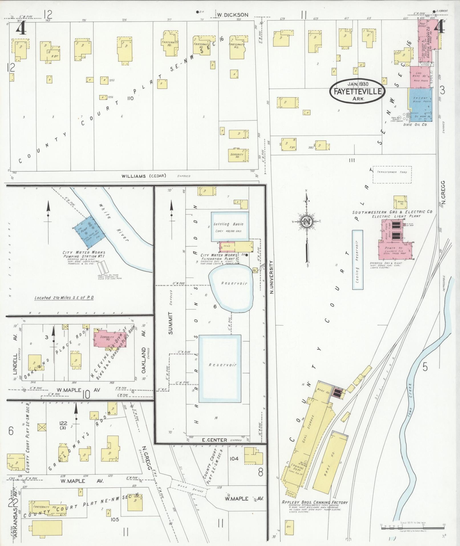 Sanborn Fire Insurance Map from Fayetteville, Washington County, Arkansas (1930), Sheet #0004 - Historic Sanborn Fire Insurance Map Print, vintage old map wall art, antique decor, genealogy gift, Arkansas Arkansas map