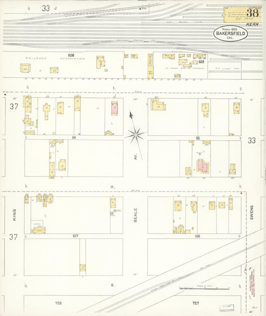 Sanborn Fire Insurance Map from Bakersfield, Kern County, California (1905), Sheet #0038 - Historic Sanborn Fire Insurance Map Print, vintage old map wall art, antique decor, genealogy gift, California California map