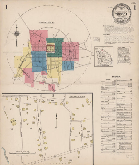 Sanborn Fire Insurance Map from Toccoa, Stephens County, Georgia (1923), Sheet #0001 - Historic Sanborn Fire Insurance Map Print, vintage old map wall art, antique decor, genealogy gift, Georgia Georgia map