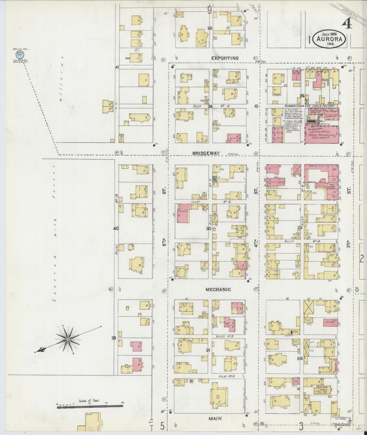 Sanborn Fire Insurance Map from Aurora, Dearborn County, Indiana (1906), Sheet #0004 - Historic Sanborn Fire Insurance Map Print, vintage old map wall art, antique decor, genealogy gift, Indiana Indiana map