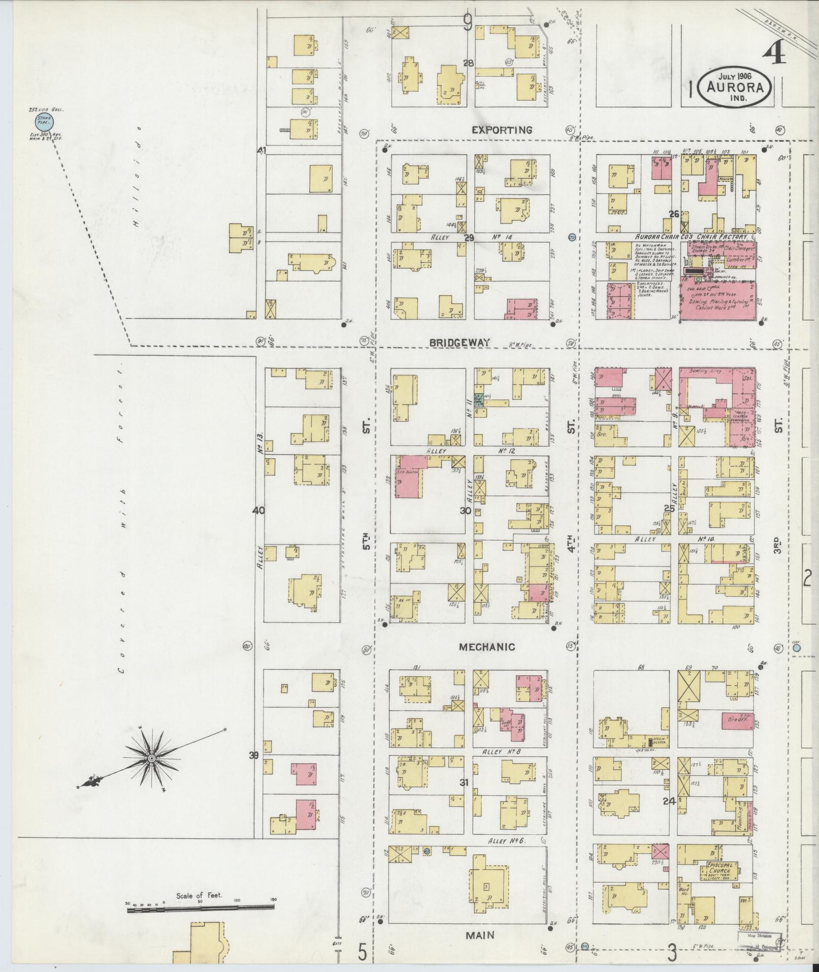 Sanborn Fire Insurance Map from Aurora, Dearborn County, Indiana (1906), Sheet #0004 - Historic Sanborn Fire Insurance Map Print, vintage old map wall art, antique decor, genealogy gift, Indiana Indiana map