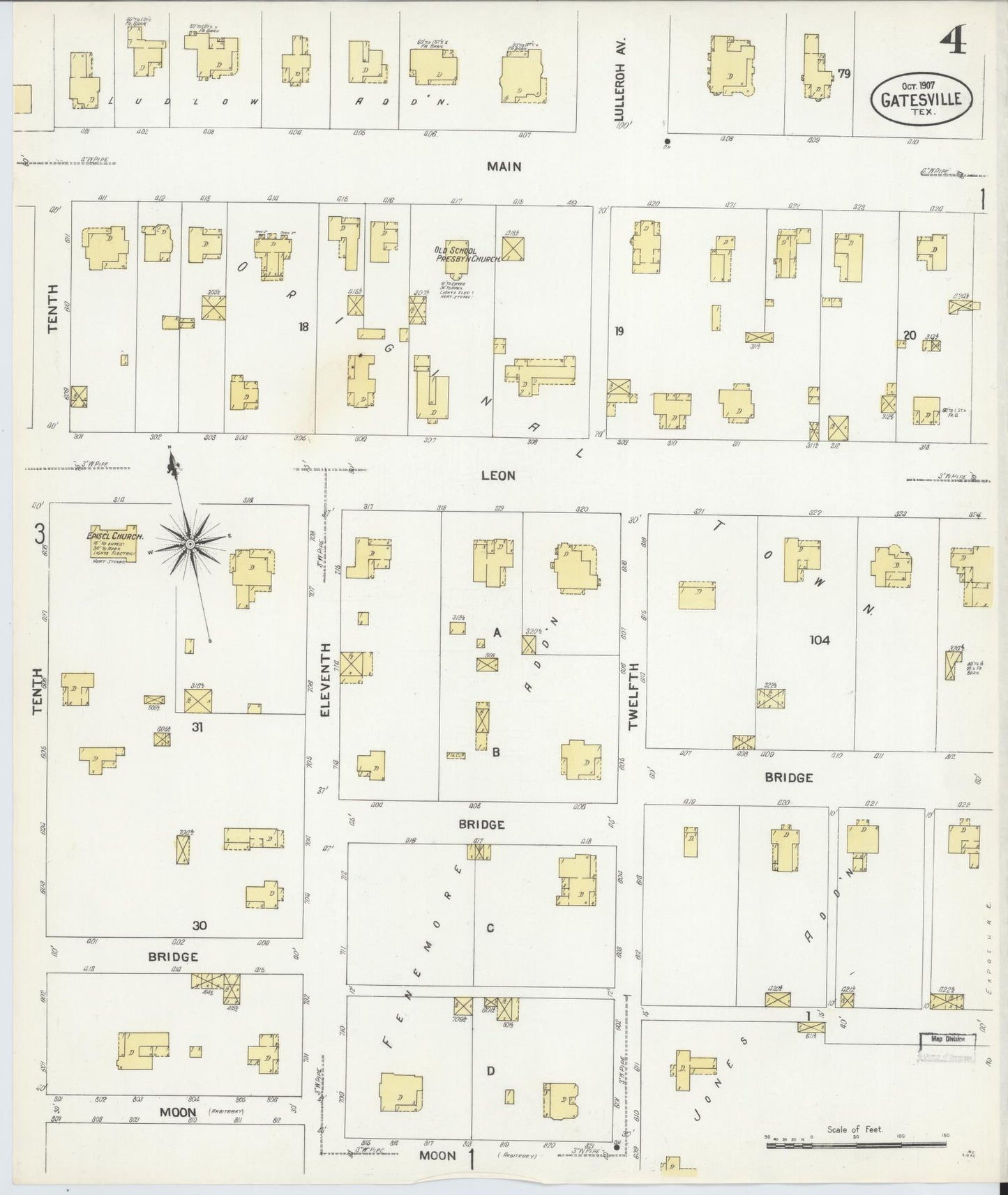 Sanborn Fire Insurance Map from Gatesville, Coryell County, Texas (1907), Sheet #0004 - Complete Map Set gallery image, historic Sanborn map, vintage wall art, Texas Texas