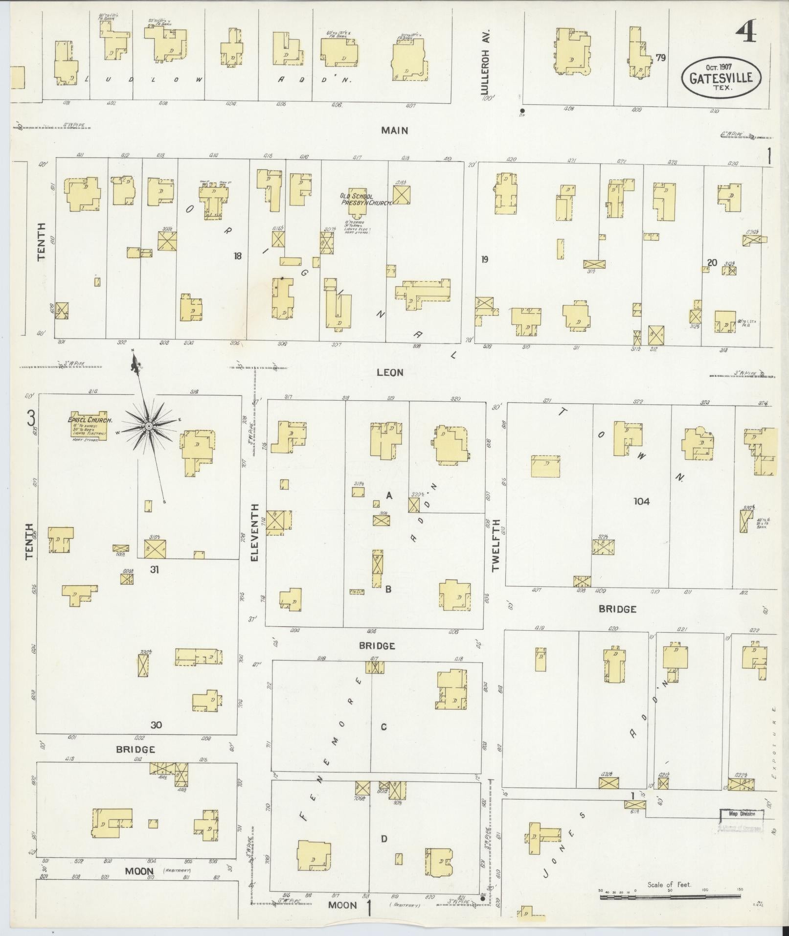 Sanborn Fire Insurance Map from Gatesville, Coryell County, Texas (1907), Sheet #0004 - Complete Map Set gallery image, historic Sanborn map, vintage wall art, Texas Texas