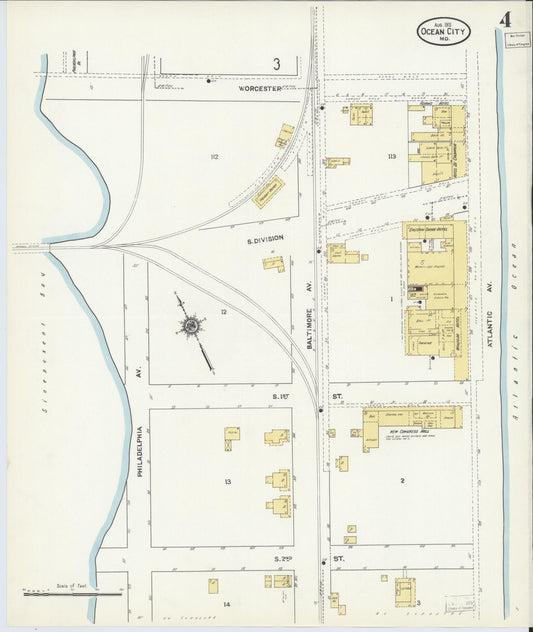 Sanborn Fire Insurance Map from Ocean City, Worcester County, Maryland (1911), Sheet #0004 - Historic Sanborn Fire Insurance Map Print, vintage old map wall art, antique decor, genealogy gift, Maryland Maryland map