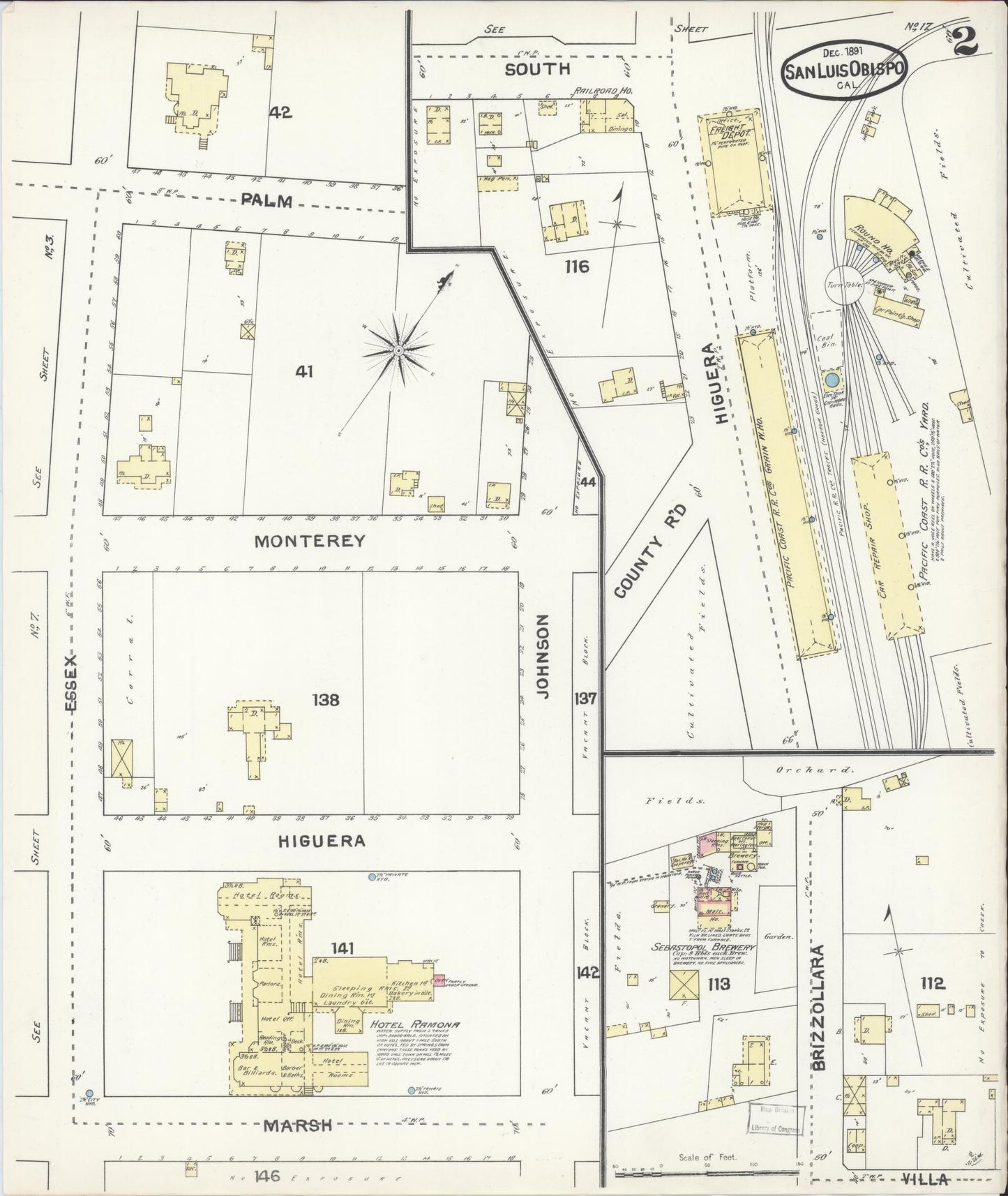 Sanborn Fire Insurance Map from San Luis Obispo, San Luis Obispo County, California (1891), Sheet #0002 - Complete Map Set gallery image, historic Sanborn map, vintage wall art, California California