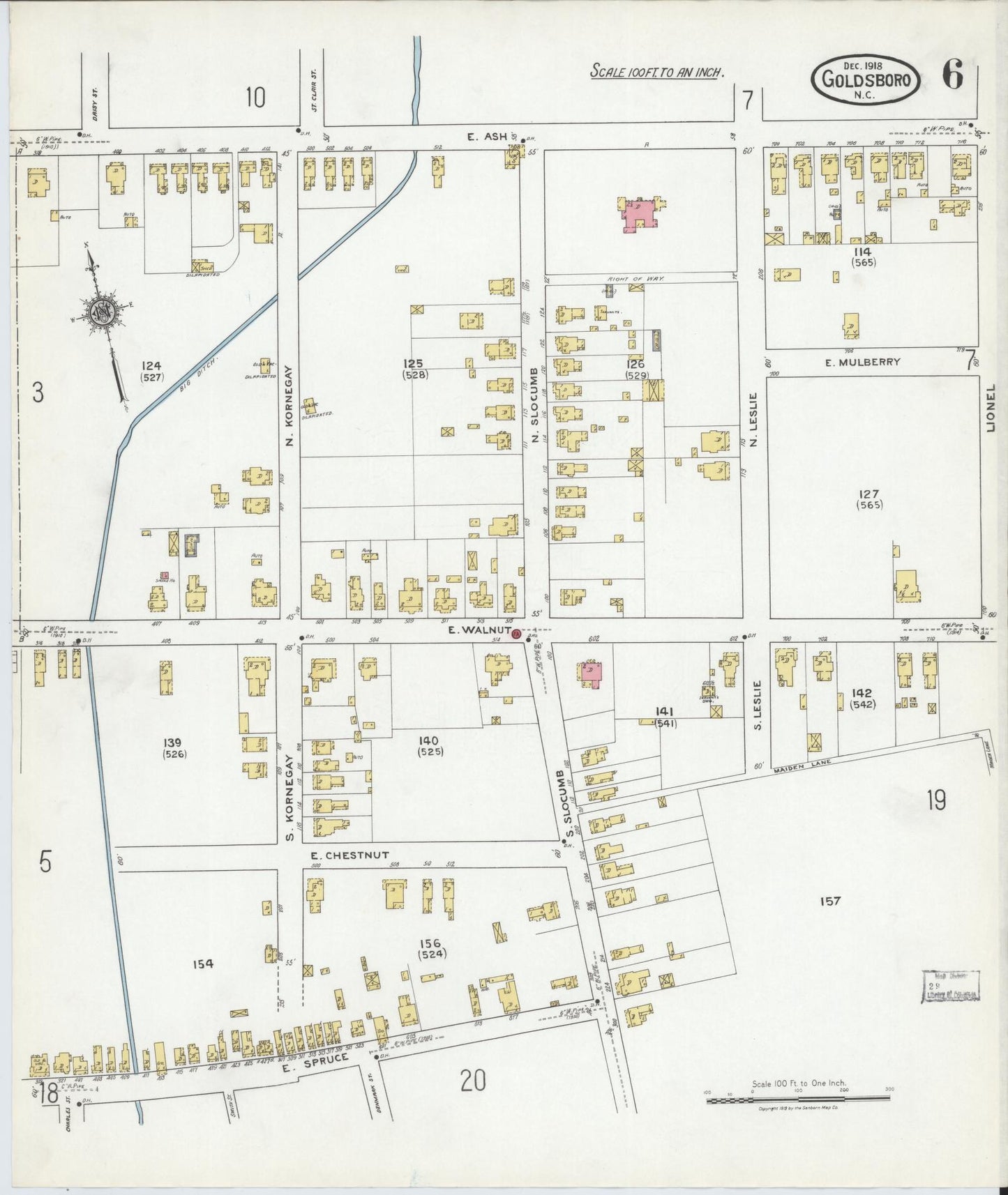 Sanborn Fire Insurance Map from Goldsboro, Wayne County, North Carolina (1918), Sheet #0006 - Complete Map Set gallery image, historic Sanborn map, vintage wall art, North Carolina North Carolina