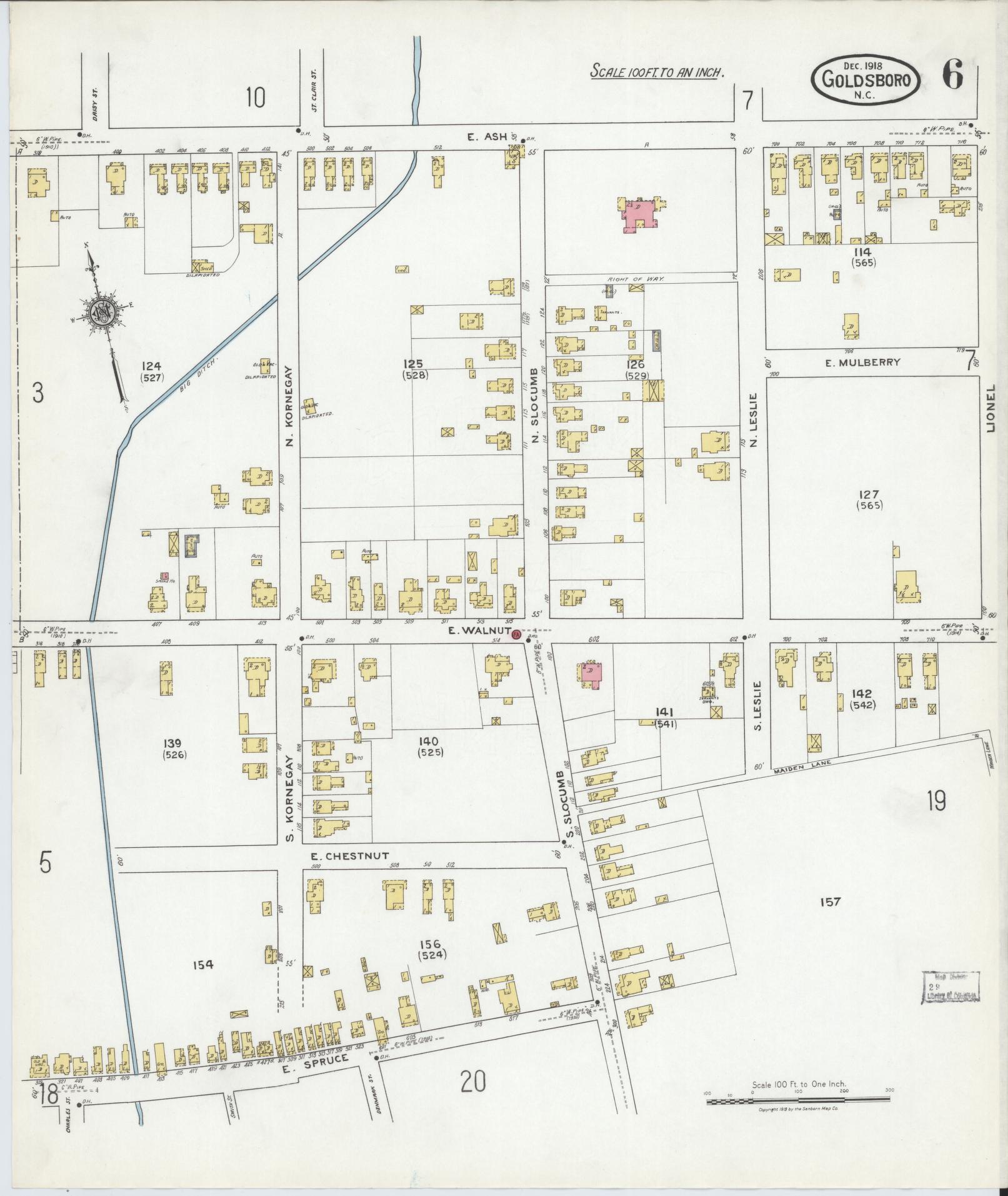 Sanborn Fire Insurance Map from Goldsboro, Wayne County, North Carolina (1918), Sheet #0006 - Complete Map Set gallery image, historic Sanborn map, vintage wall art, North Carolina North Carolina