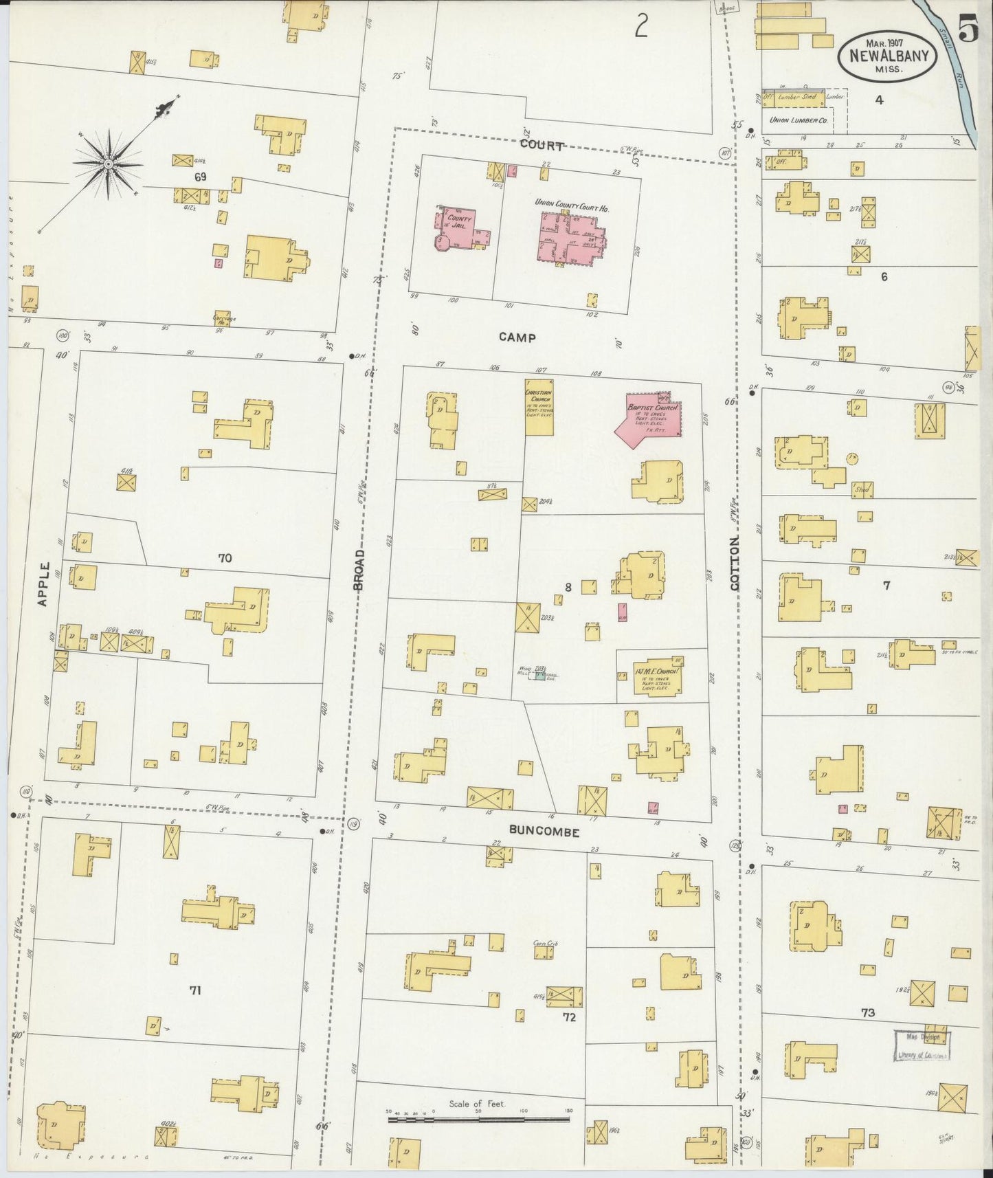 Sanborn Fire Insurance Map from New Albany, Union County, Mississippi (1907), Sheet #0005 - Complete Map Set gallery image, historic Sanborn map, vintage wall art, Mississippi Mississippi