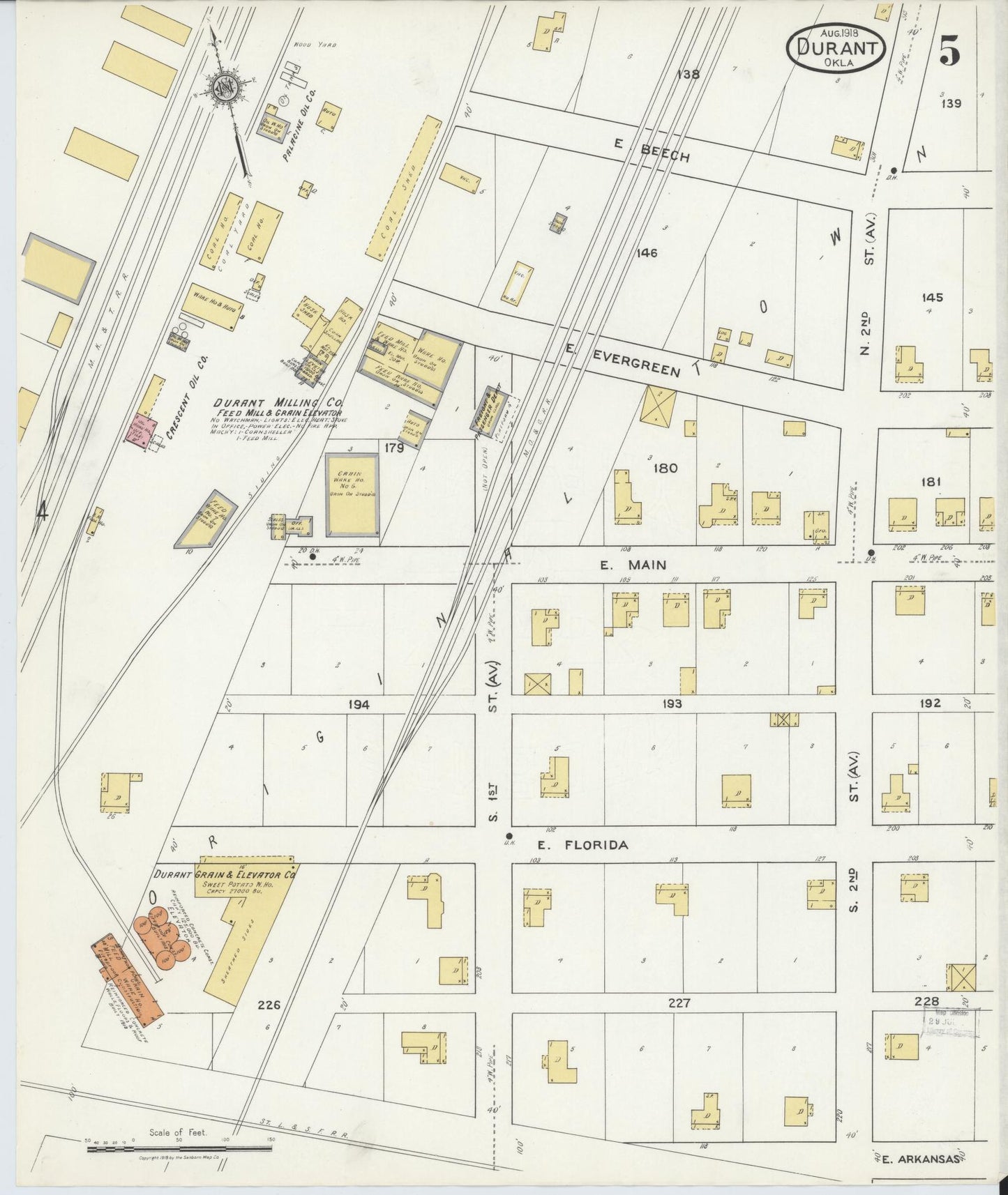 Sanborn Fire Insurance Map from Durant, Bryan County, Oklahoma (1918), Sheet #0005 - Historic Sanborn Fire Insurance Map Print, vintage old map wall art, antique decor, genealogy gift, Oklahoma Oklahoma map