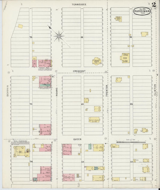 Sanborn Fire Insurance Map from Harriman, Roane County, Tennessee (1895), Sheet #0002 - Historic Sanborn Fire Insurance Map Print, vintage old map wall art, antique decor, genealogy gift, Tennessee Tennessee map