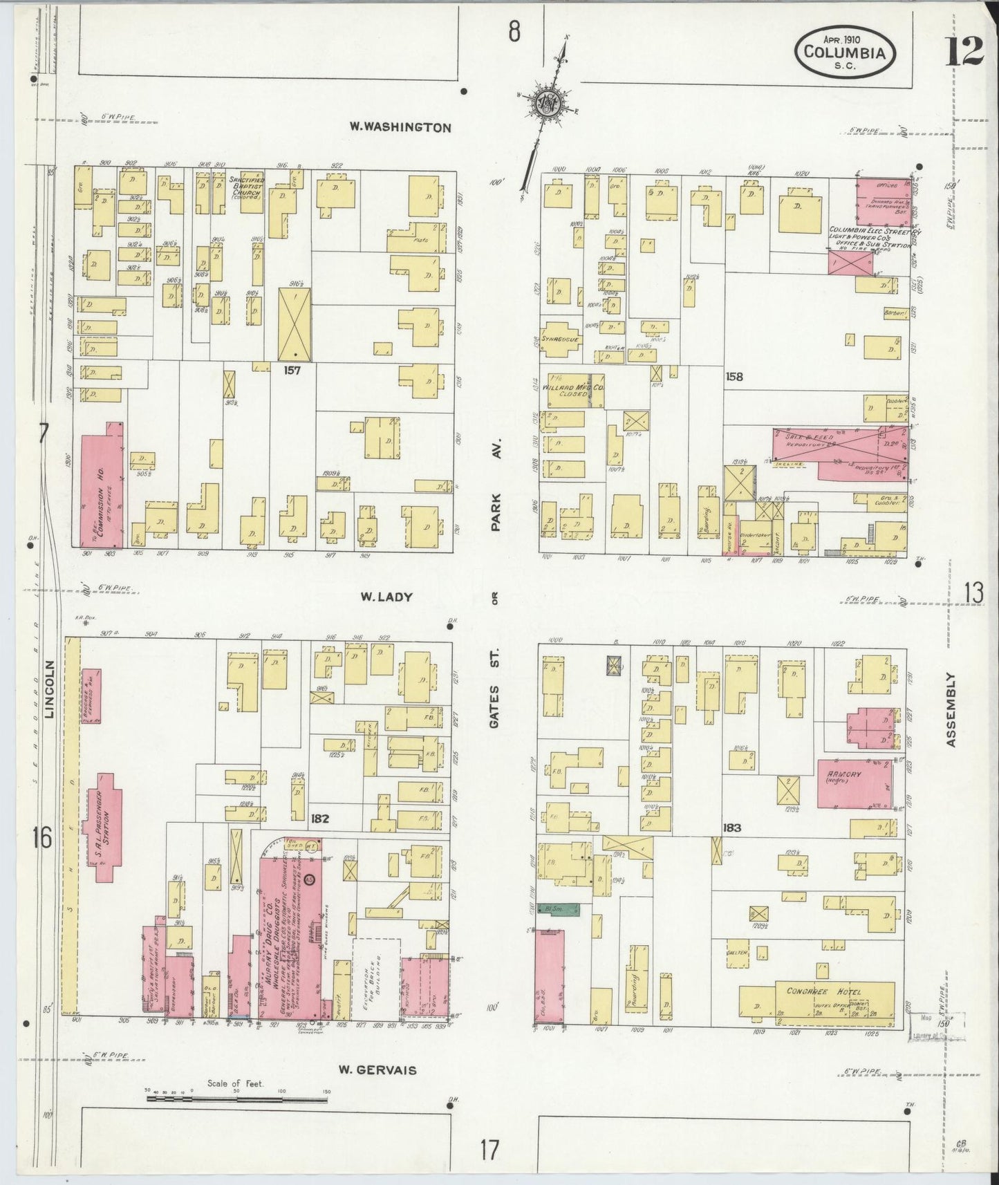 Sanborn Fire Insurance Map from Columbia, Richland County, South Carolina (1910), Sheet #0012 - Historic Sanborn Fire Insurance Map Print, vintage old map wall art, antique decor, genealogy gift, South Carolina South Carolina map
