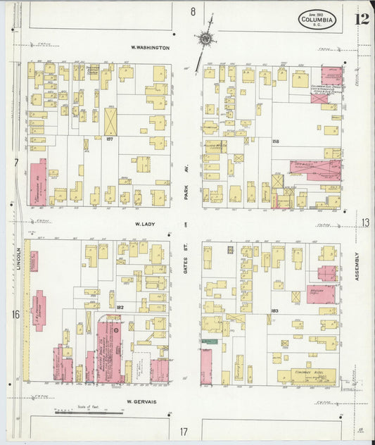 Sanborn Fire Insurance Map from Columbia, Richland County, South Carolina (1910), Sheet #0012 - Historic Sanborn Fire Insurance Map Print, vintage old map wall art, antique decor, genealogy gift, South Carolina South Carolina map