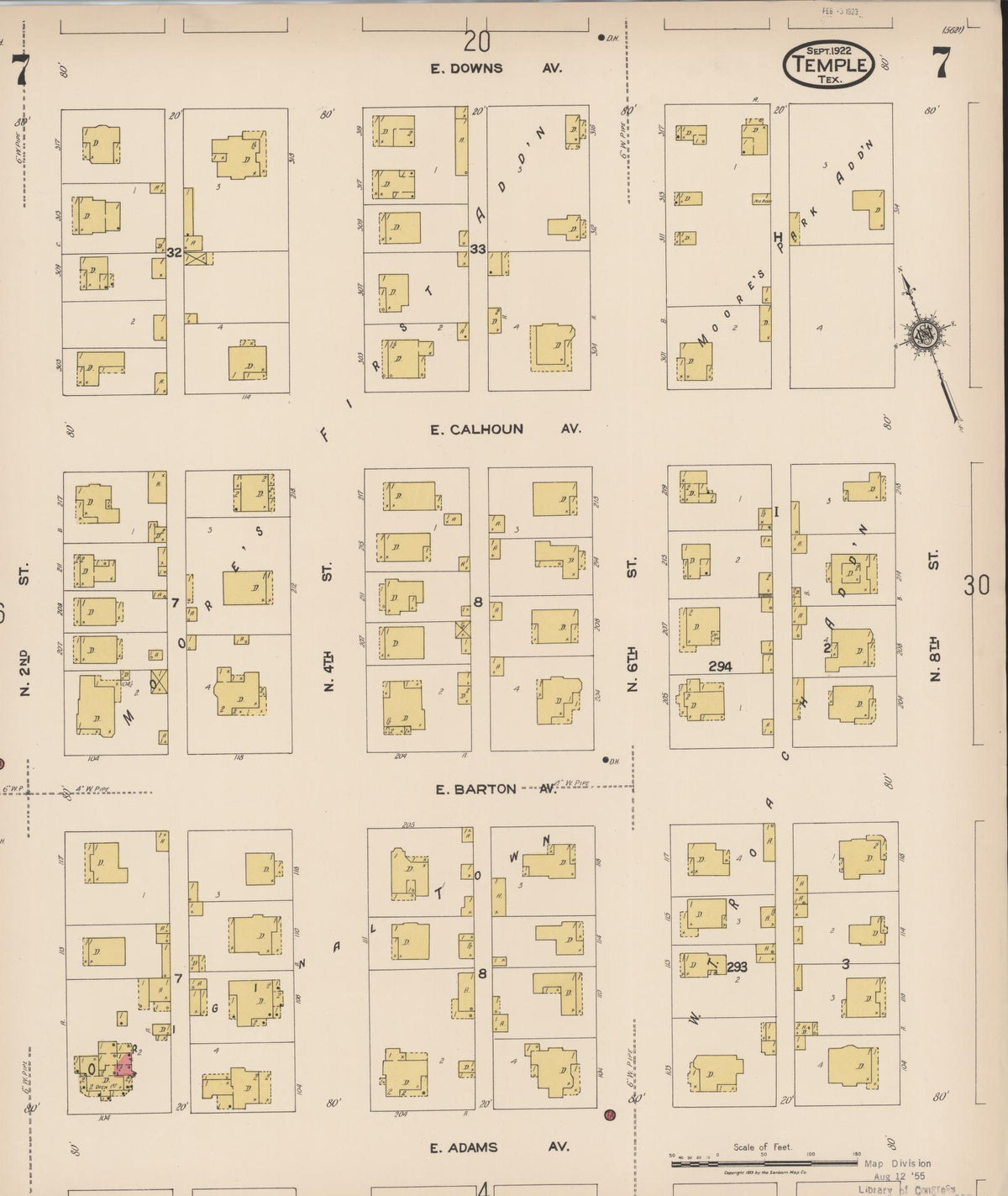 Sanborn Fire Insurance Map from Temple, Bell County, Texas (1922), Sheet #0007 - Historic Sanborn Fire Insurance Map Print, vintage old map wall art, antique decor, genealogy gift, Texas Texas map