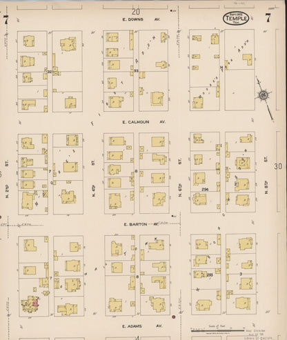 Sanborn Fire Insurance Map from Temple, Bell County, Texas (1922), Sheet #0007 - Historic Sanborn Fire Insurance Map Print, vintage old map wall art, antique decor, genealogy gift, Texas Texas map