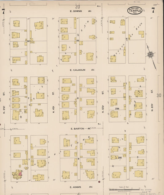 Sanborn Fire Insurance Map from Temple, Bell County, Texas (1922), Sheet #0007 - Historic Sanborn Fire Insurance Map Print, vintage old map wall art, antique decor, genealogy gift, Texas Texas map
