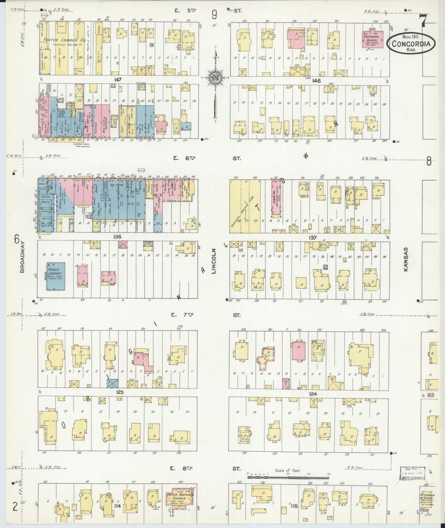 Sanborn Fire Insurance Map from Concordia, Cloud County, Kansas (1911), Sheet #0007 - Historic Sanborn Fire Insurance Map Print, vintage old map wall art, antique decor, genealogy gift, Kansas Kansas map