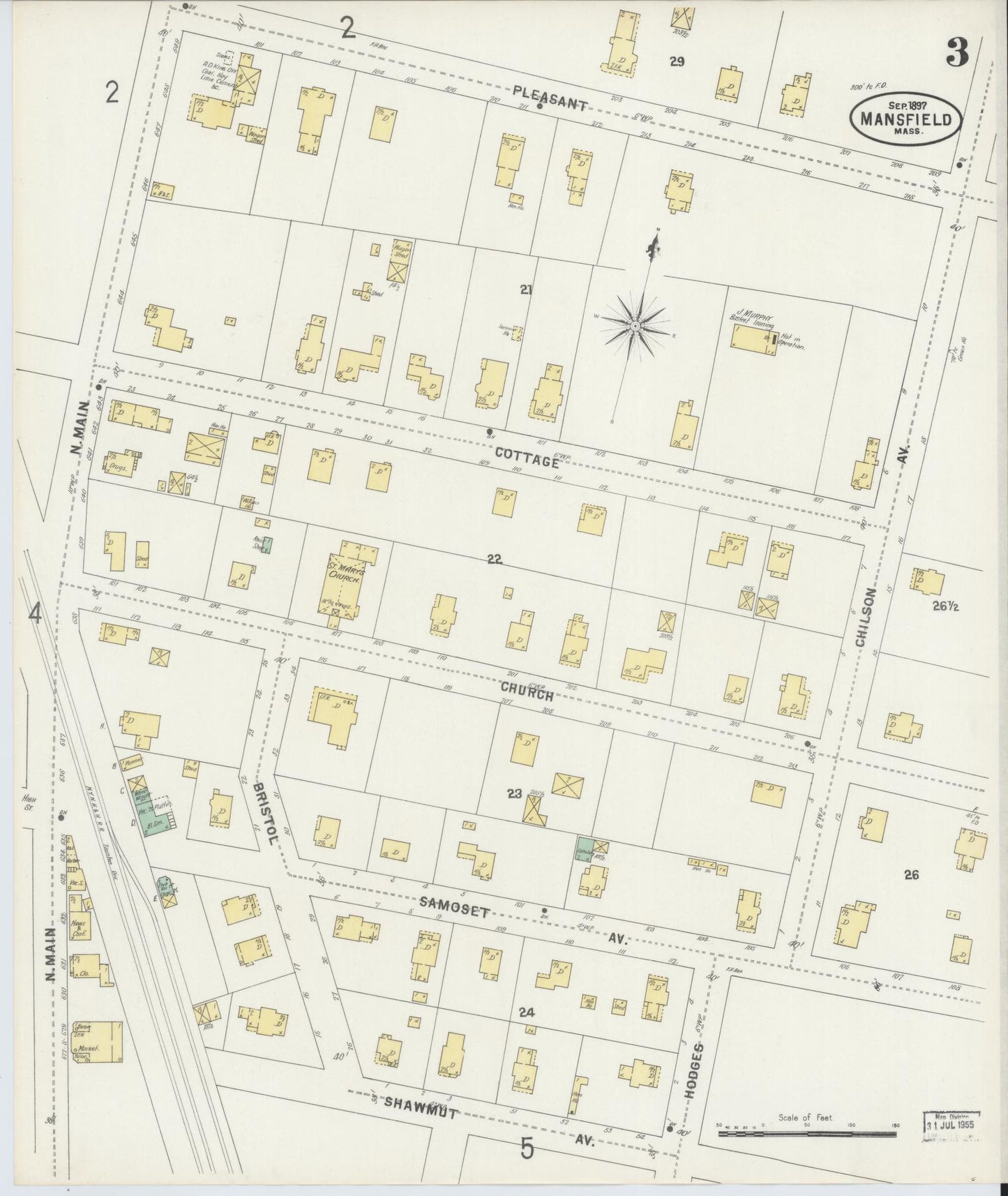 Sanborn Fire Insurance Map from Mansfield, Bristol County, Massachusetts (1897), Sheet #0003 - Historic Sanborn Fire Insurance Map Print, vintage old map wall art, antique decor, genealogy gift, Massachusetts Massachusetts map